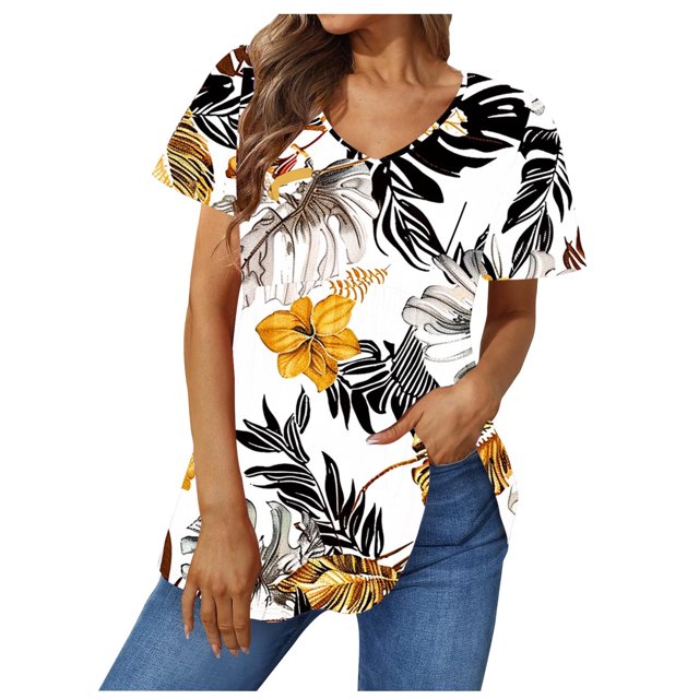 Jean Corto Pantalones Cortos con Cuello en V Gradiente Impreso Manga Corta Superior de Poliéster, Blusa de Moda Casual para el Uso Diario Y las Salidas