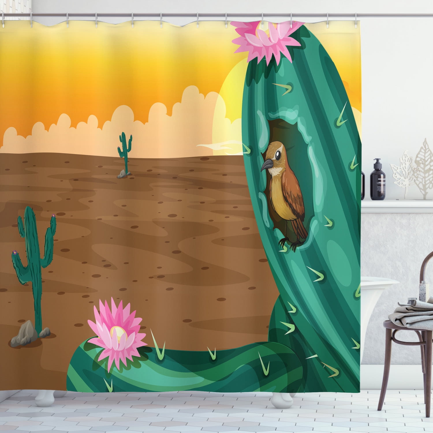 Colorful Shower Curtain, Desert Landscape Illustration with a Big Saguaro Cactus and a Bird