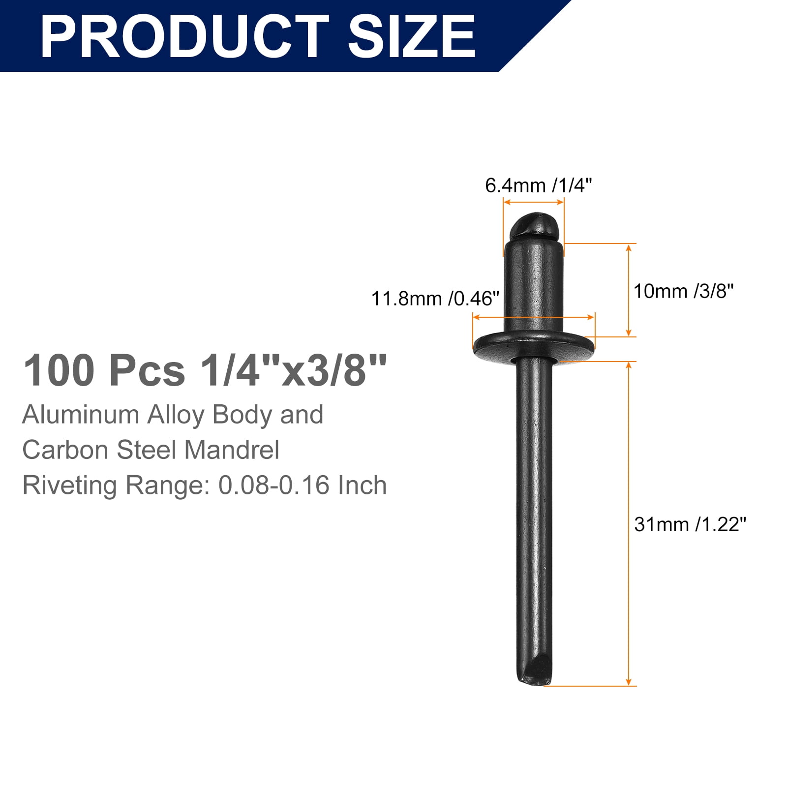 Uxcell 100Pcs 1/4"x3/8" Aluminum Blind Rivets, Dome Head Long Split Rivets, Black