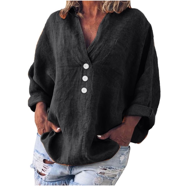 Timegard Tops for Women Cotton Linen V-Neck Button Long Sleeve Lightweight Fall Casual Loose Tops