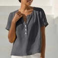thumbnail image 6 of Htigea Womens V-Neck Button Down T Shirts Summer Short Sleeve Solid Color Casual Loose Fit Tee Linen Tee for Beach Everyday Dark Gray S, 6 of 9