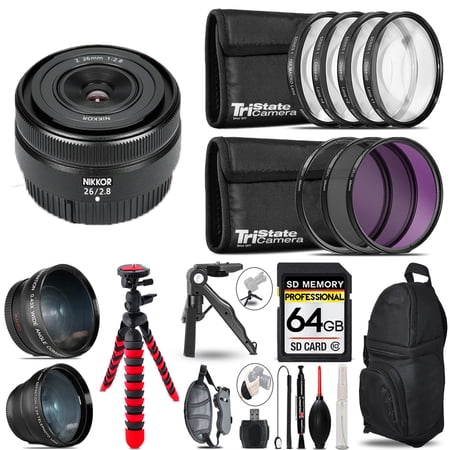 Nikon NIKKOR Z 26mm f/2.8 Lens- 3 Lens Kit + Tripod + Backpack - 64GB Accessory Bundle