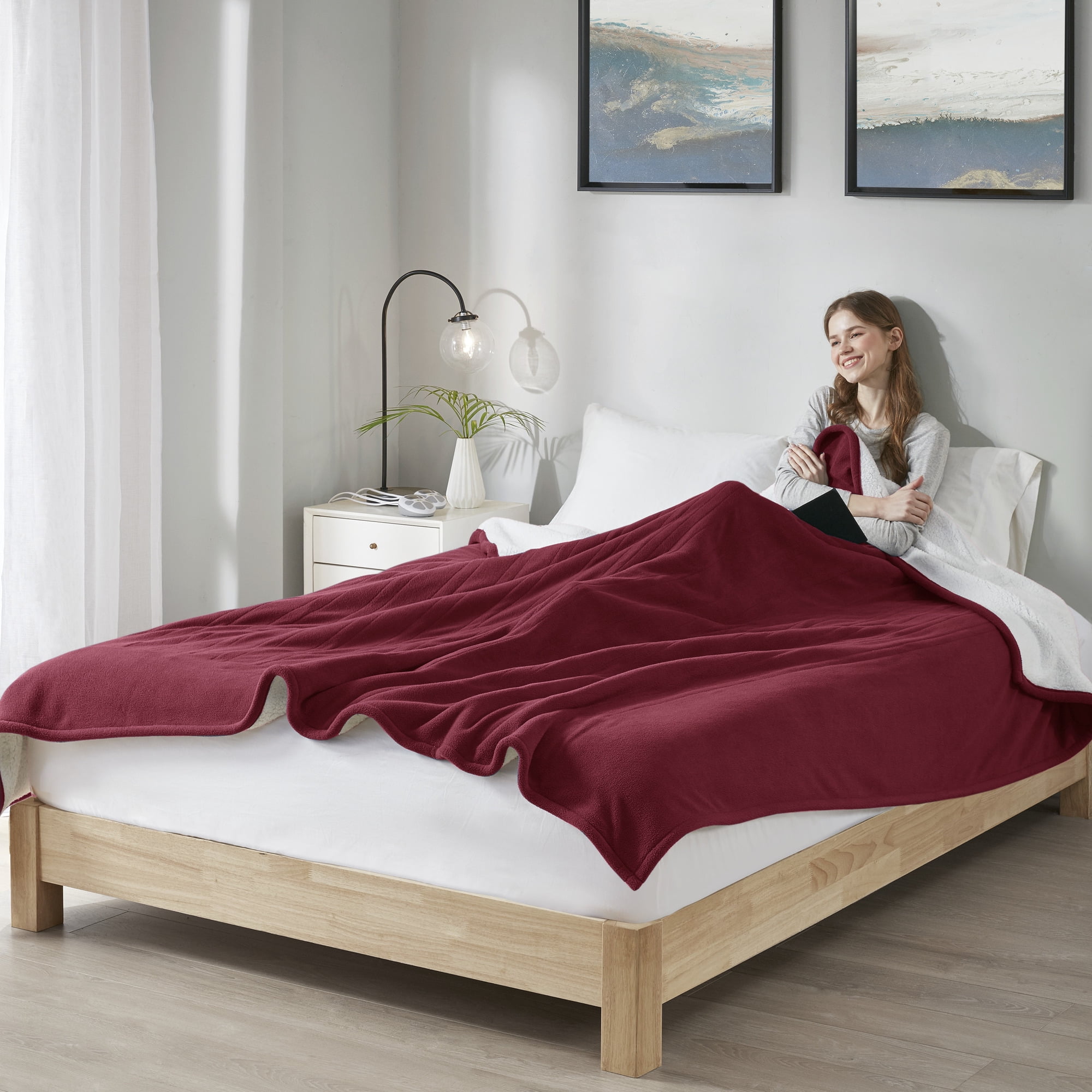 Serta Polyester Fleece to Sherpa Heated Blanket with Burgundy Finish ST54-0142