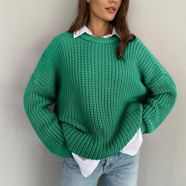 Qertyioot Chandails Tricotés pour Femmes, Nouveau Chandail pour Femmes Ample à Col Rond Uni à Manches Longues Style Décontracté