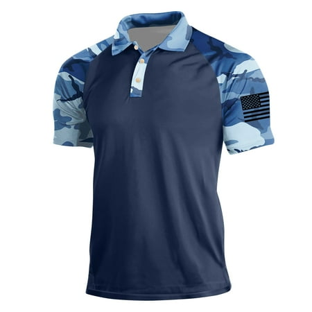 Nokdvo Mens Camouflage Outdoor Polo Shirt American Flag Graphic Short Sleeves Shirts Button Up Camo Printed Golf Polos Stretch Vintage Slim Fit Print Fashion Causal Tops Blue L