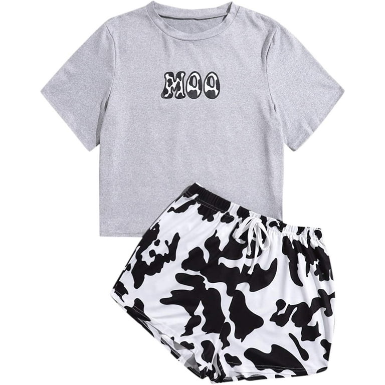 Cow print tee and shorts pj set sales