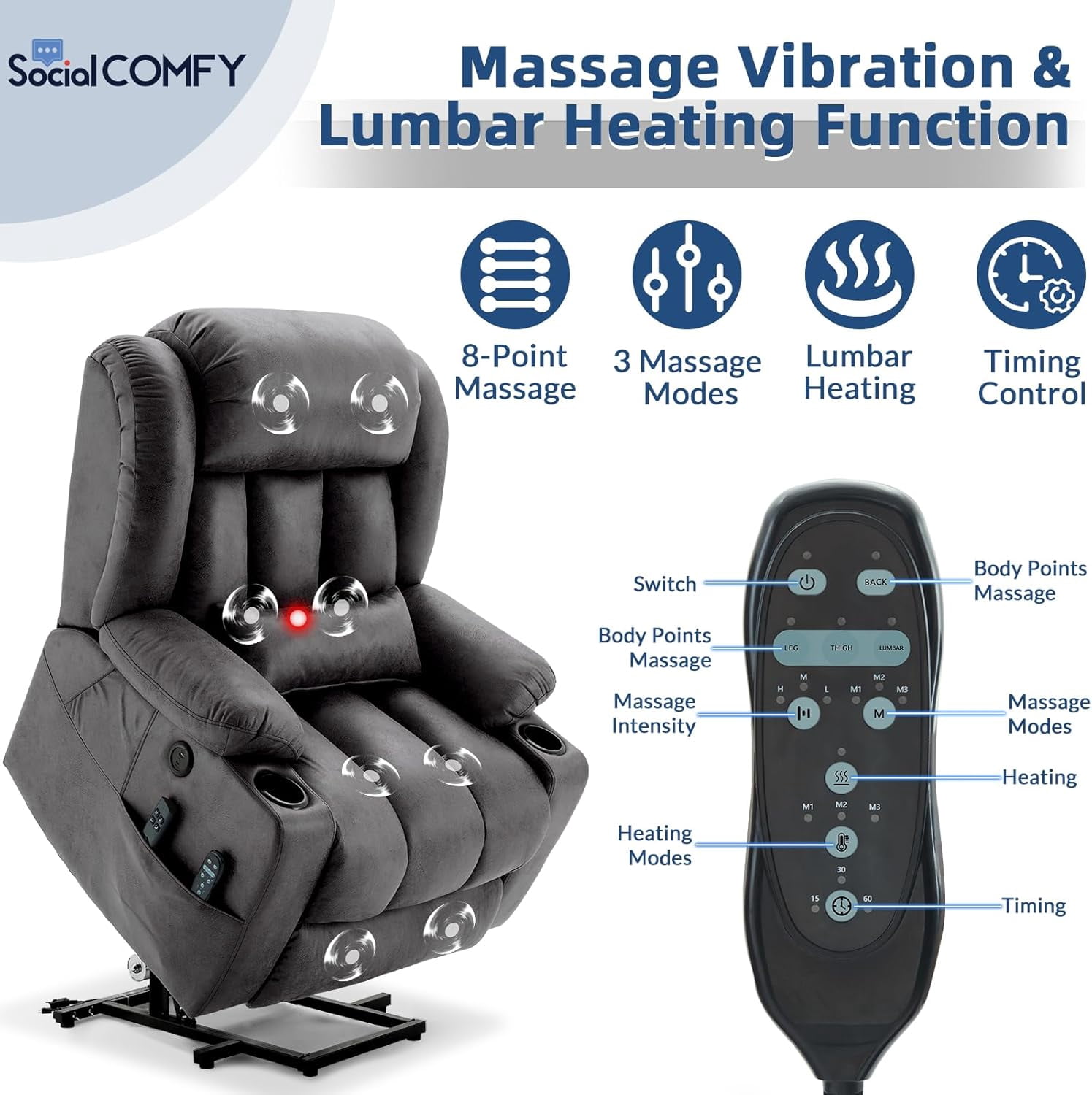 Large Dual Motor Lay Flat Power Lift Recliner Chair with Extended Footrest, Heat Massage, Oversized Electric Recliner for Big Tall Elderly, Lumbar Pillow, USB & Type-C Ports, Gray