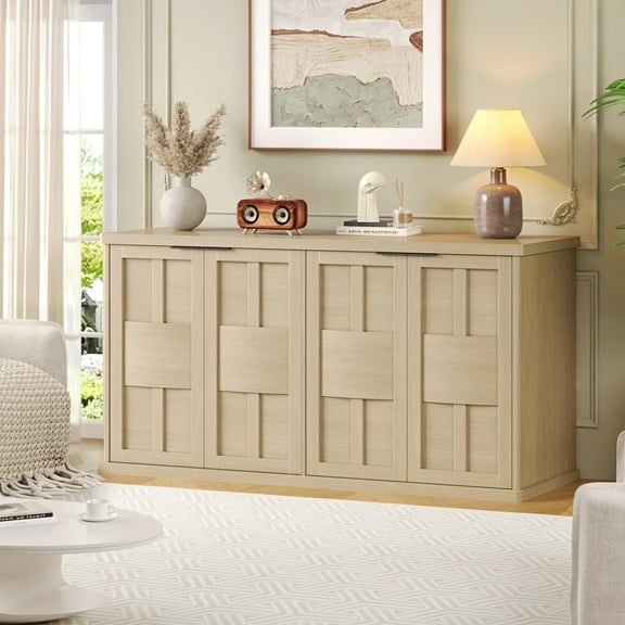 ChicZhiNest Sideboard Buffet Cabinet with 4 Fluted Doors & Shelves, 60" W Buffet Cabinet with Storage, Coffee Bar Kitchen Storage Cabinet for Bedroom Hallway Entryway, Natural Oak
