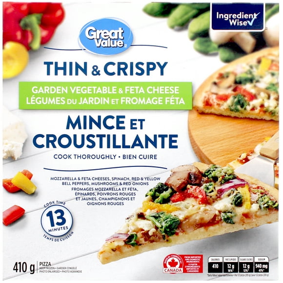 Pizza mince et croustillante Légumes du jardin et fromage féta Great Value 410 g