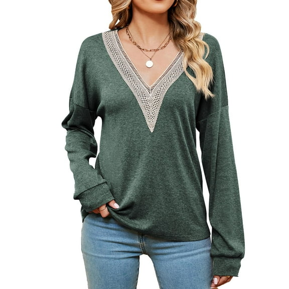 PNTUTB Women's Casual Loose Fit Comfortable Fashion Solid Color V-Neck Pullover Long Sleeve Top&Flash Picks