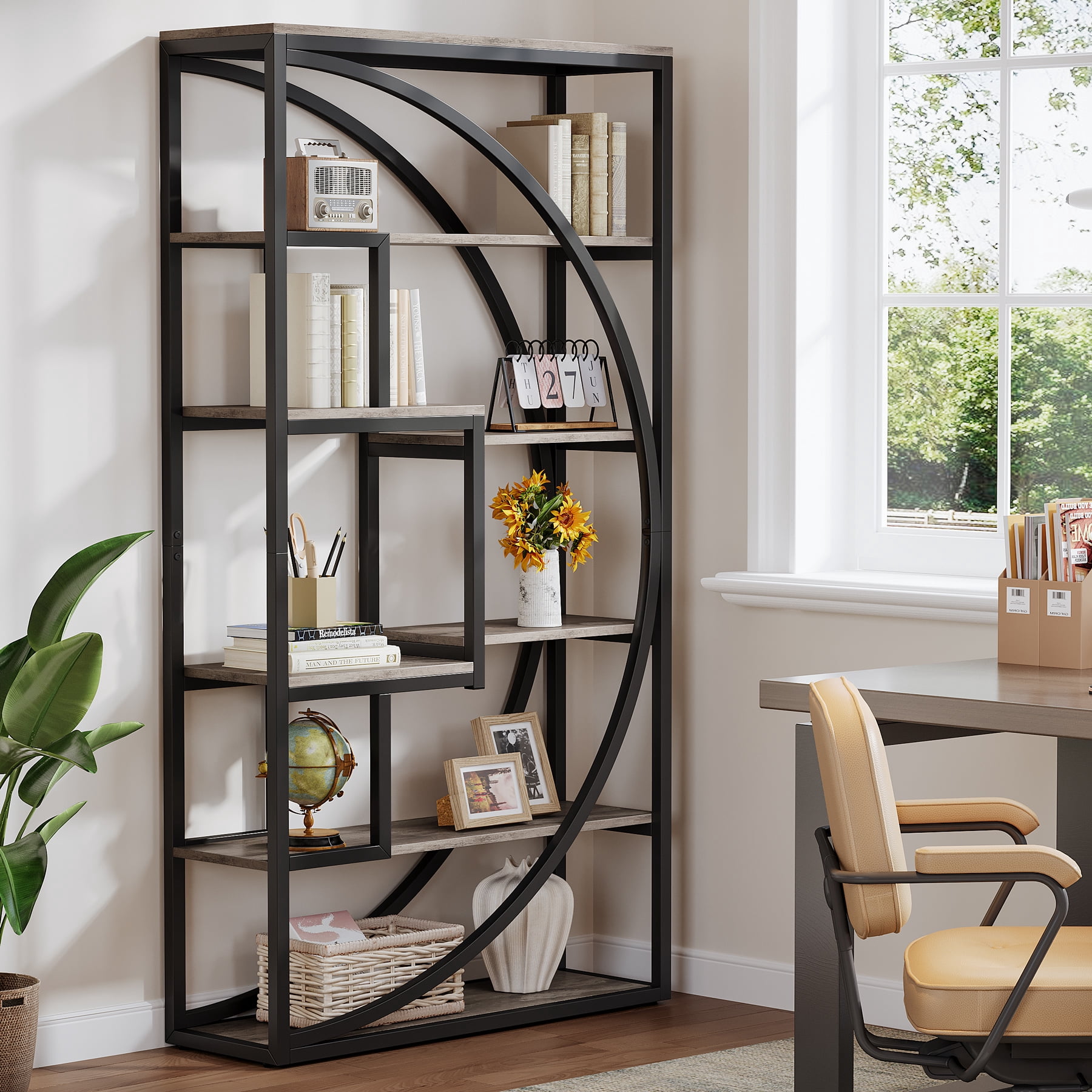 Tribesigns 70.8" Tall Industrial Bookshelf, 5-Tier Displaying Bookcases with 8 Open Storage Shelf for Home Office, Living Room, Bedroom, Gray