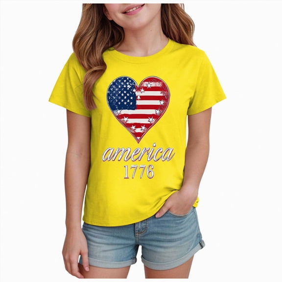 TOWED22 American Flag Holiday Tops for Girls 4th of July Patriotic Shirts Tee T-Shirts Soft Cotton Comfort(Yellow,11-12 Y)