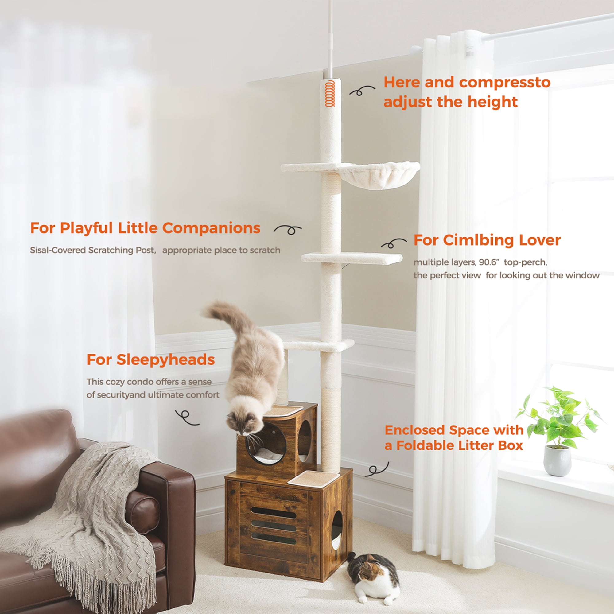 Kadyn 90"-110" Adjustable Height Cat Tree Tower Floor-to-Ceiling, Multi-Level Cat Activity Center, Cat Condo with Litter Box Enclosure, Brown