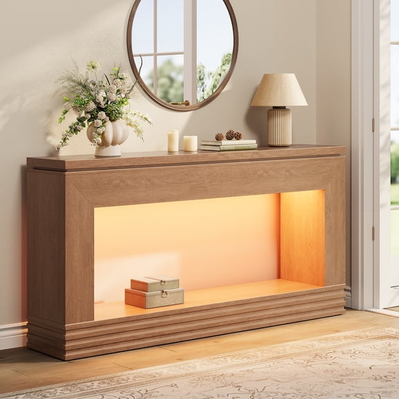 SIKAIC 63'' 2-Tier Console Table with LED Lights,Fluted Wood Entryway Table with Storage Shelf,Sofa Table for Entrance, Living Room,Walnut Brown