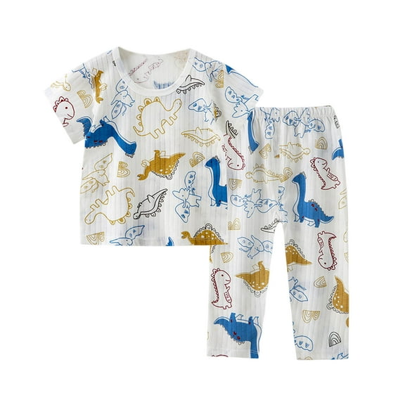 XUELUO Baby Girls Outfit Sets Summer Soft Cartoon Dinosaur Print Round Neck Short Sleeve T Shirt Tops And Elastic Waist Pants Activewear,Yellow,18-24 Months