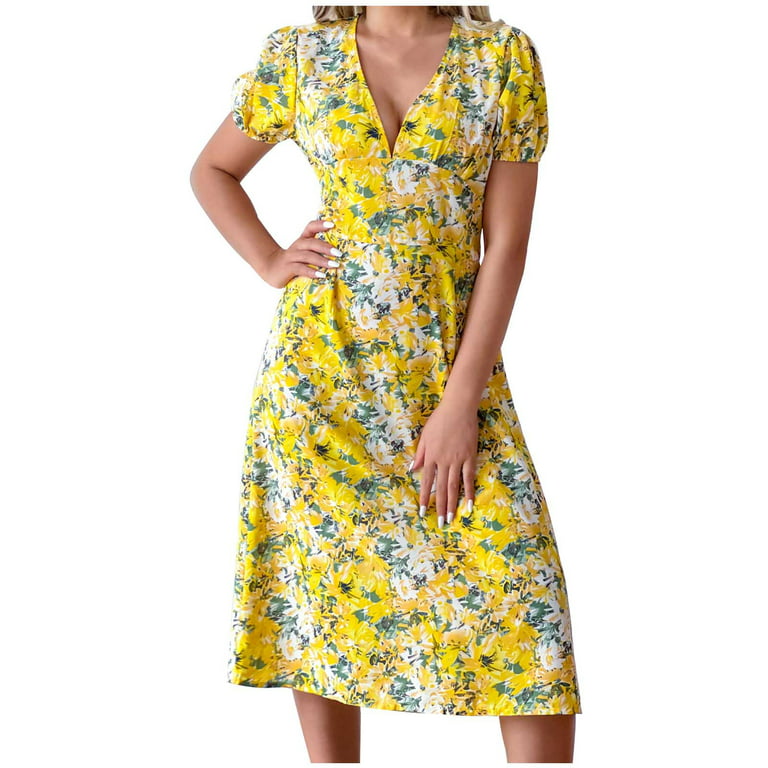Bigersell Nursing Dress Women's Summer Fashion Puff Sleeve Floral Print  V-Neck Short Sleeve Dress Tulle Dress Regular Sun Dress Dresses, Style  26216, Yellow XL 