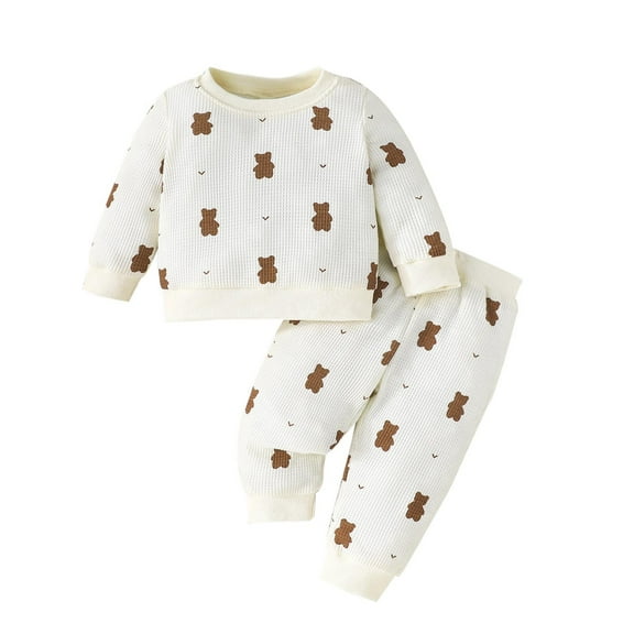 Odeerbi 6M-2Y Toddler Boys Girls Cotton Outfits Bear Print Long Sleeve Sweatshirt Jogger Pants Two-piece Set Casual Loungewear Toddler Boys Girls Clothes