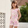 thumbnail image 3 of ZIATUBLE4S Pink Daisy Print Girls Summer Romper Ruffle Cap Sleeves One-Piece Short Jumpsuit Soft Comfort Kids Casual Playsuit with Pockets for 5-6 Y, 3 of 6
