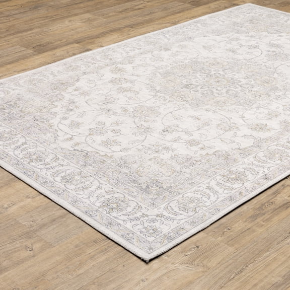 HomeRoots 509516 9 x 12 ft. Beige Gold & Gray Oriental Power Loom Stain Resistant Rectangle Area Rug