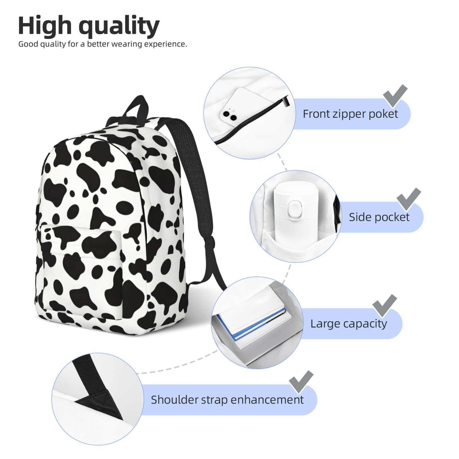 Casual Canvas Backpack Without Interlayer Large Capacity Stick Bag Design For Outdoor Shopping Office Outdoor Sports Simple Cow Print Pattern, Vector Art Style_3 Medium