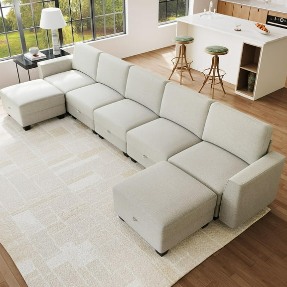 140 Inch Modular Sectional Sofa, 5 Seater Convertible Couch with 2 Storage Ottoman & Armrests, Modern Linen U Shaped Sleeper Sofa with Storage for Living Room Office