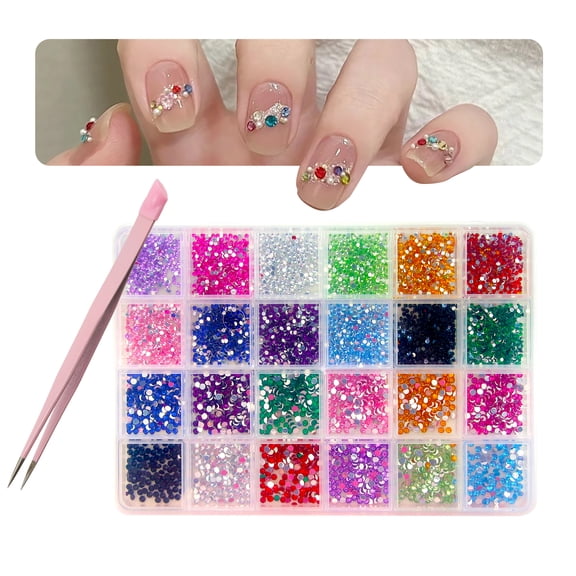 BOROLA Nail Art Rhinestone Kit, Double-Ended Nail Tweezers, Crystal Gems for Nail Design, DIY Crafts, Makeup, Clothing, and Phone Decorations(24 Grids, Colored Diamonds)