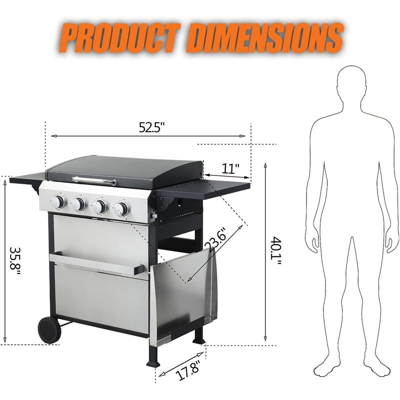 4-Burner Propane Gas Grill with Griddle Grill and Wire Enamel Grids, 49200 BTU Stainless Steel Outdoor BBQ Gill with Foldable Side Table and Hanging Basket for Backyard Barbecue