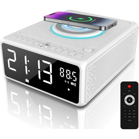 Elegant CD Player, Alarm Clock Radio with Wireless Charging Station, FM (No AM), Bluetooth Boombox Remote, MP3/USB Music Snooze & Sleep Timer Players for Home, AC Powered