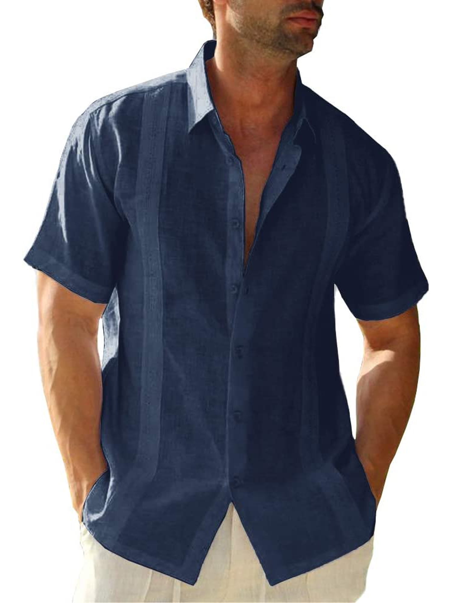 Remikst Mens Short Sleeve Linen Cotton Cuban Shirt Button Down Beach