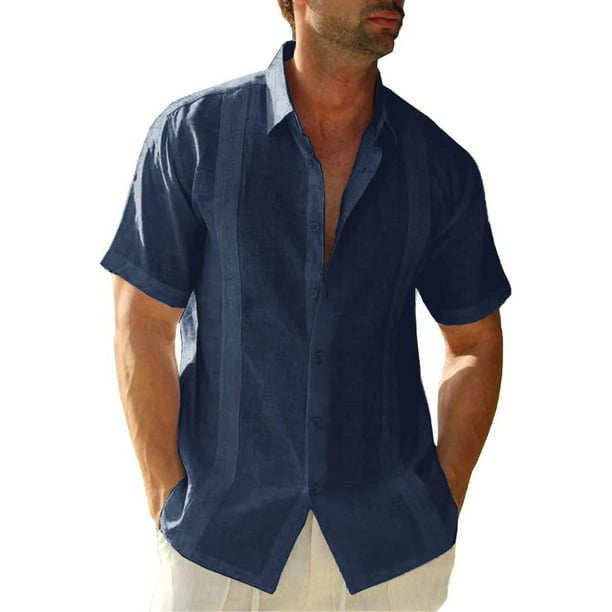 Remikst Mens Short Sleeve Linen Cotton Cuban Shirt Button Down Beach ...