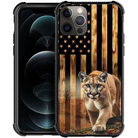 Case Compatible with iPhone 12 Mini, Cases for Girl Women, Shockproof Anti-Scratch Cover, Wood Grain American Flag Mountain Lion
