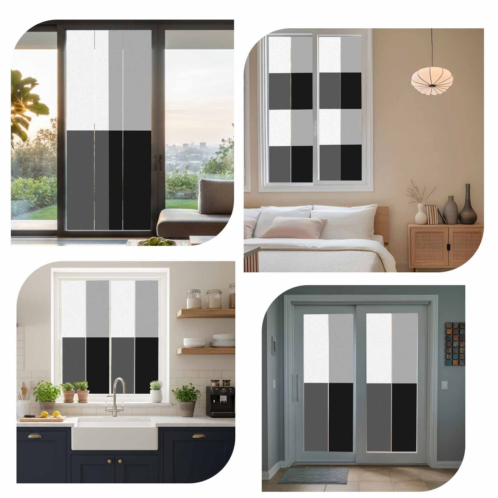 Gradient White Window Privacy Film, Gray Black Color Block Simple Abstract Modern Frosted Glass Window Clings Static Cling UV Heat Blocking Reusable Door Sticker for Bathroom 23.6 x 59 Inch