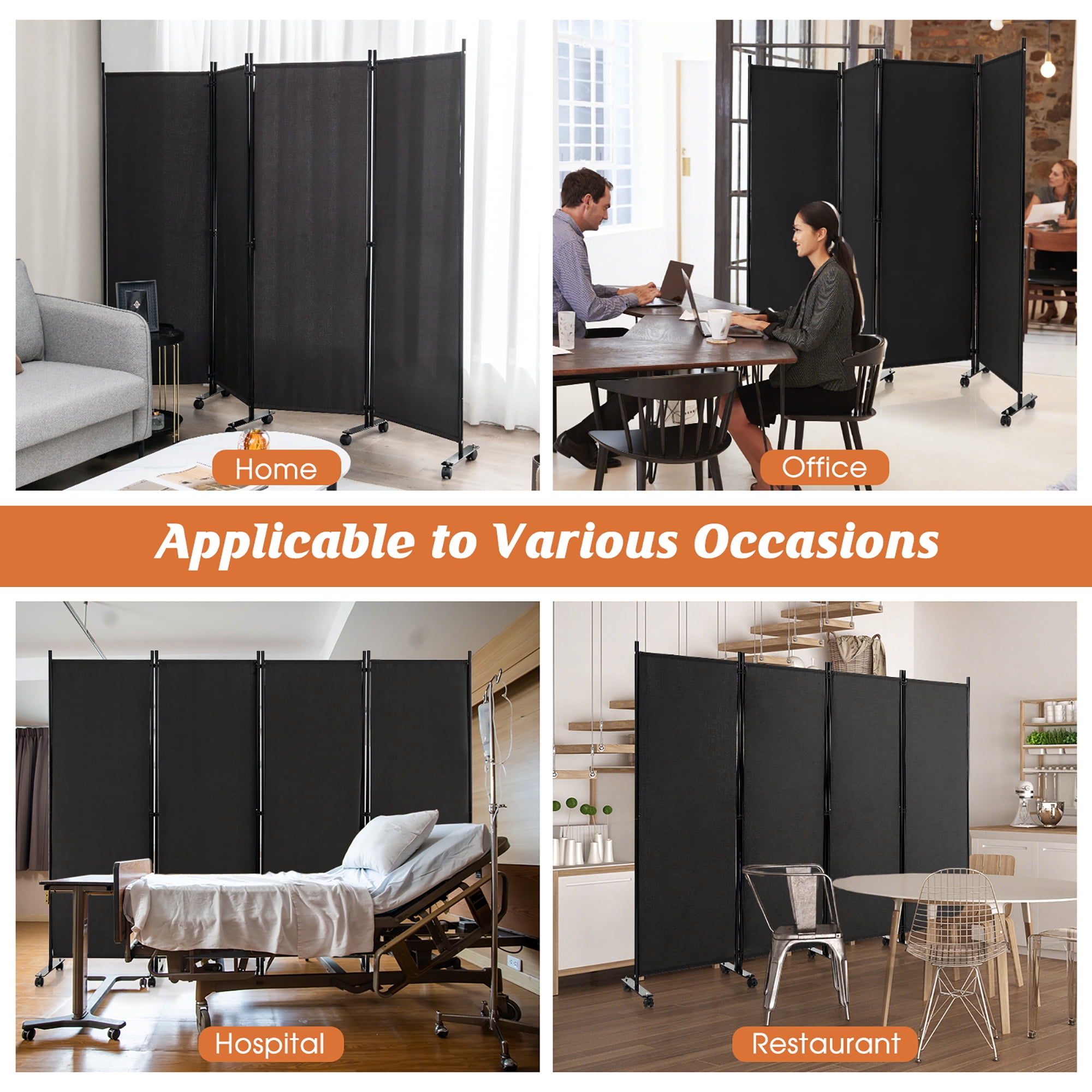Costway 4-Panel Folding Room Divider 6FT Rolling Privacy Screen with Lockable Wheels Black