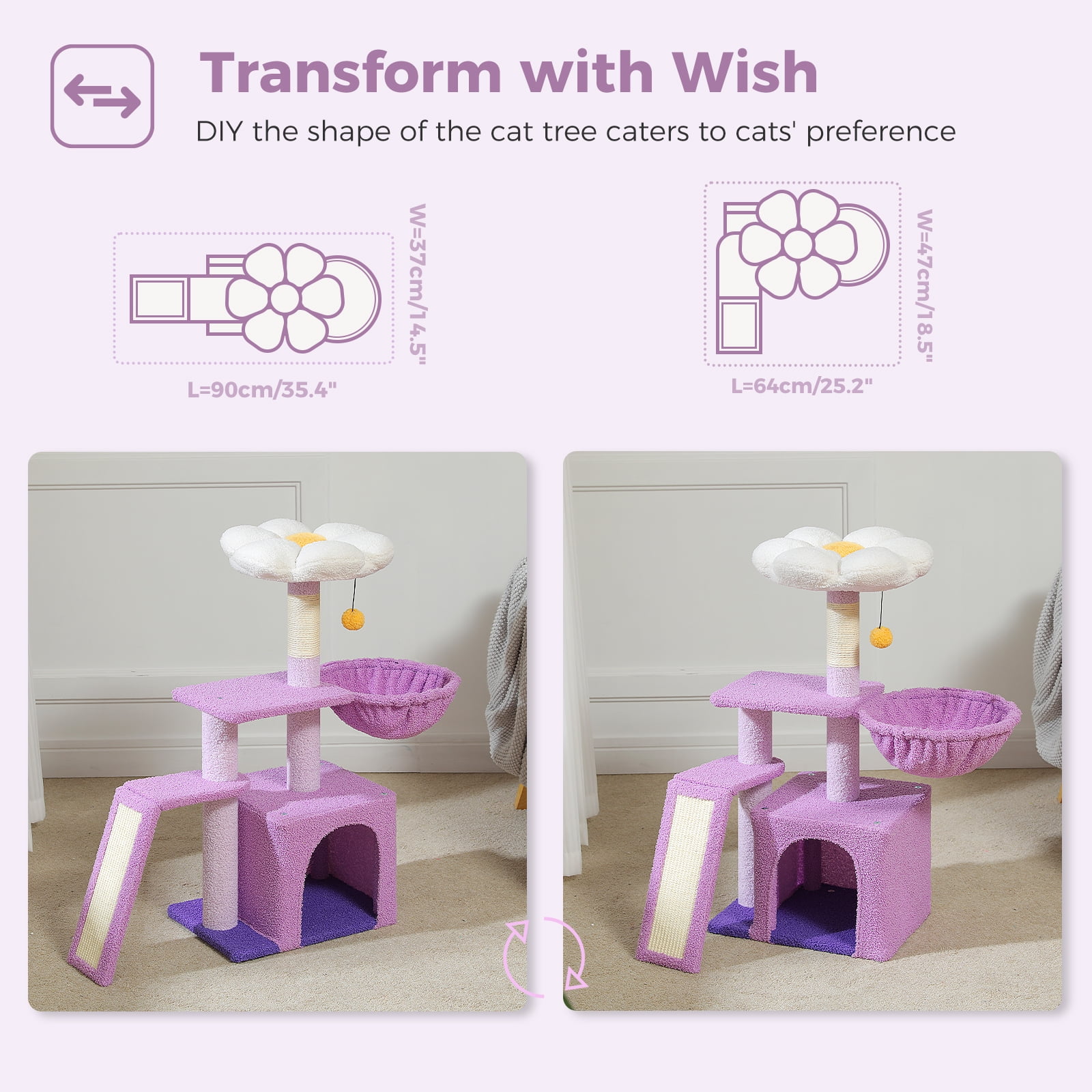 Pefilos 32" Cat Tree Tower, Cute Cat Condo with Sisal Scratching Ramp, Cozy Hammock and Removable Top Bed Perch for Indoor Kittens, Purple