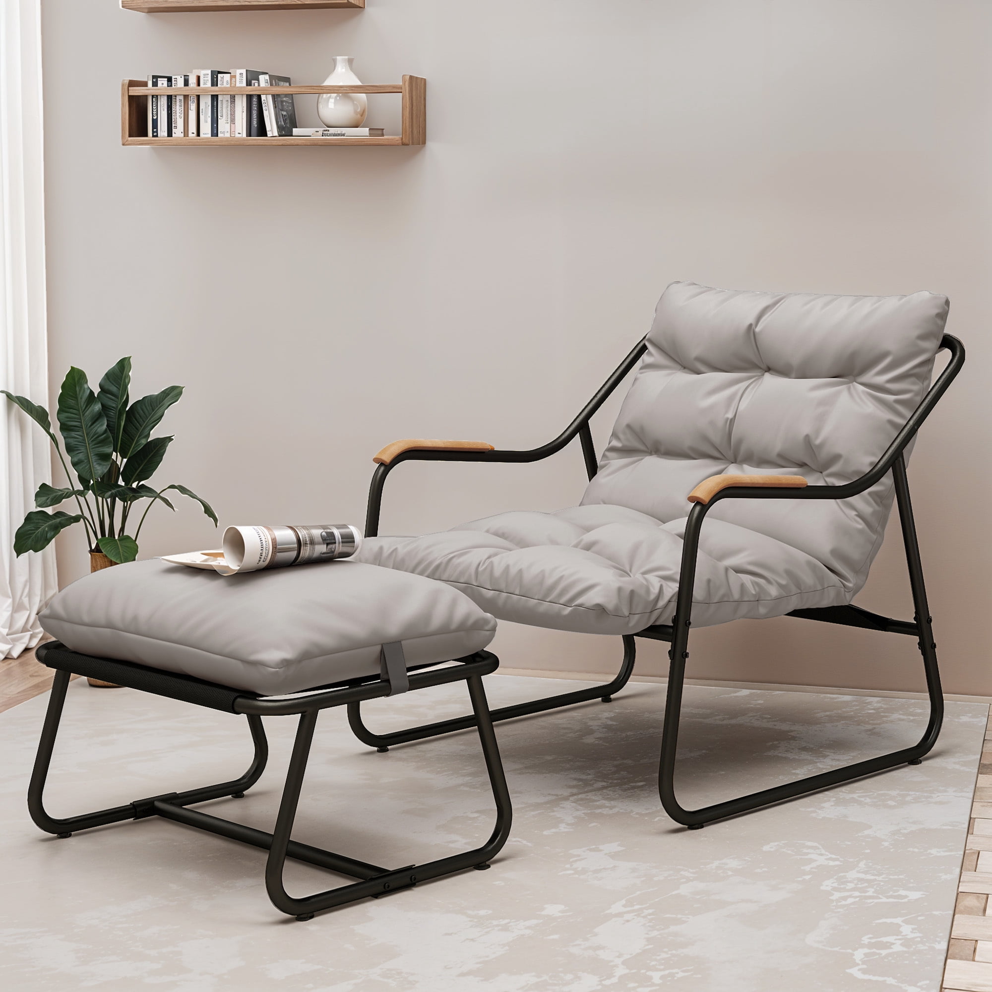 Uforic Outdoor Papasan Lounge Chair with Ottoman, Dark Gray Textilene Sling Recliner Set with Puffy Cushion, Indoor Outdoor Comfy Leisure Chair for Patio Balcony Backyard Garden