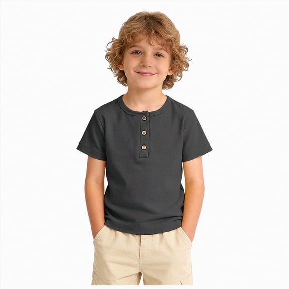 UngA Toddler Boys Henley Short Sleeve Shirt Cotton Blend Button Front Summer Tee Tops Kids Breathable Casual Tshirts (Dark Gray,5-6 Years)