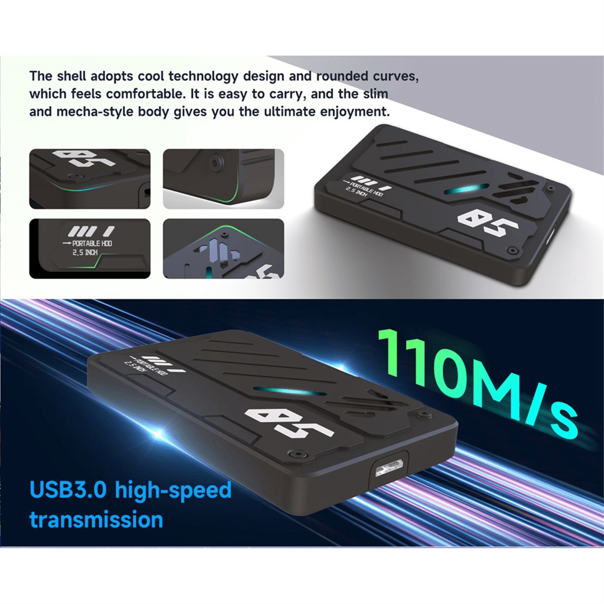 2.5-Inch Portable External USB3.0 HDD RGB Storage Disk Portable USB3.0 Hard Drive Expansion Storage for PC Laptop 500GB