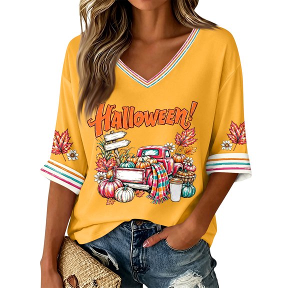 DORKASM Womens Halloween Shirts Short Sleeve V Neck Skull Ghost Graphic Funny Tee 2026 Spider Witch Spooky Clothes Floral Skeleton Casual Shirt Ginger S