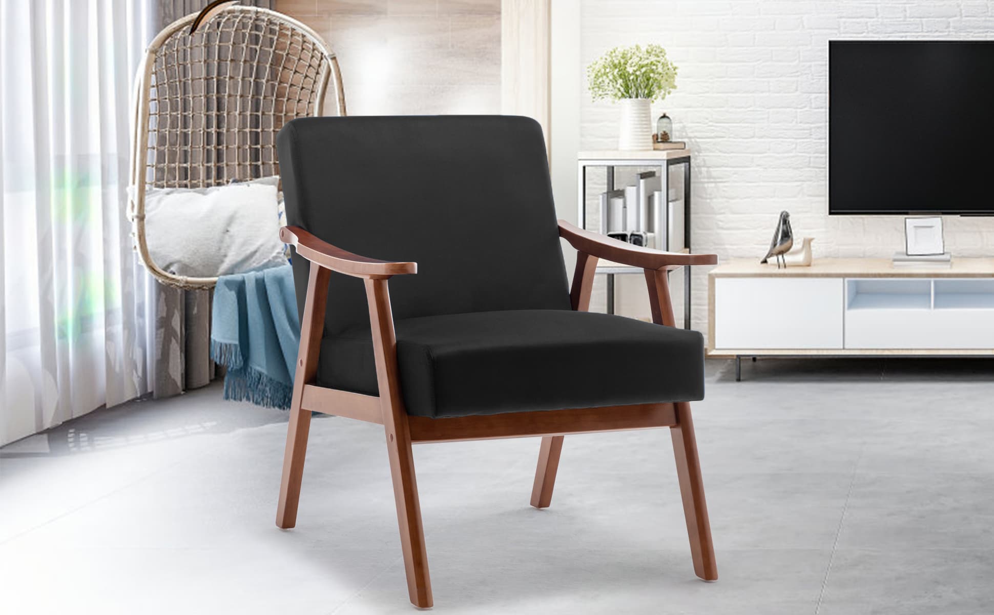MAYEERTY Mid-Century Modern Chair Solid Wood Frame Accent Chair Extra-Thick Backrest Wingback Lounge Indoor Living Room Bedroom Reading Room