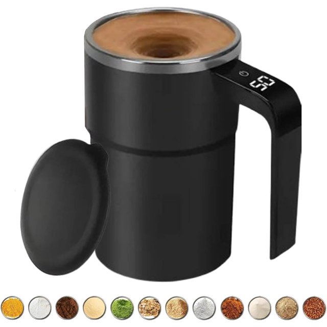 12oz Electric Magnetic Stirring Coffee Mug, Self Stirring Coffee Mug, Intelligent Coffee Cup with Lid, Auto Stirring Coffee Mug, Self Stirring Mug with Temperature Display (Black)