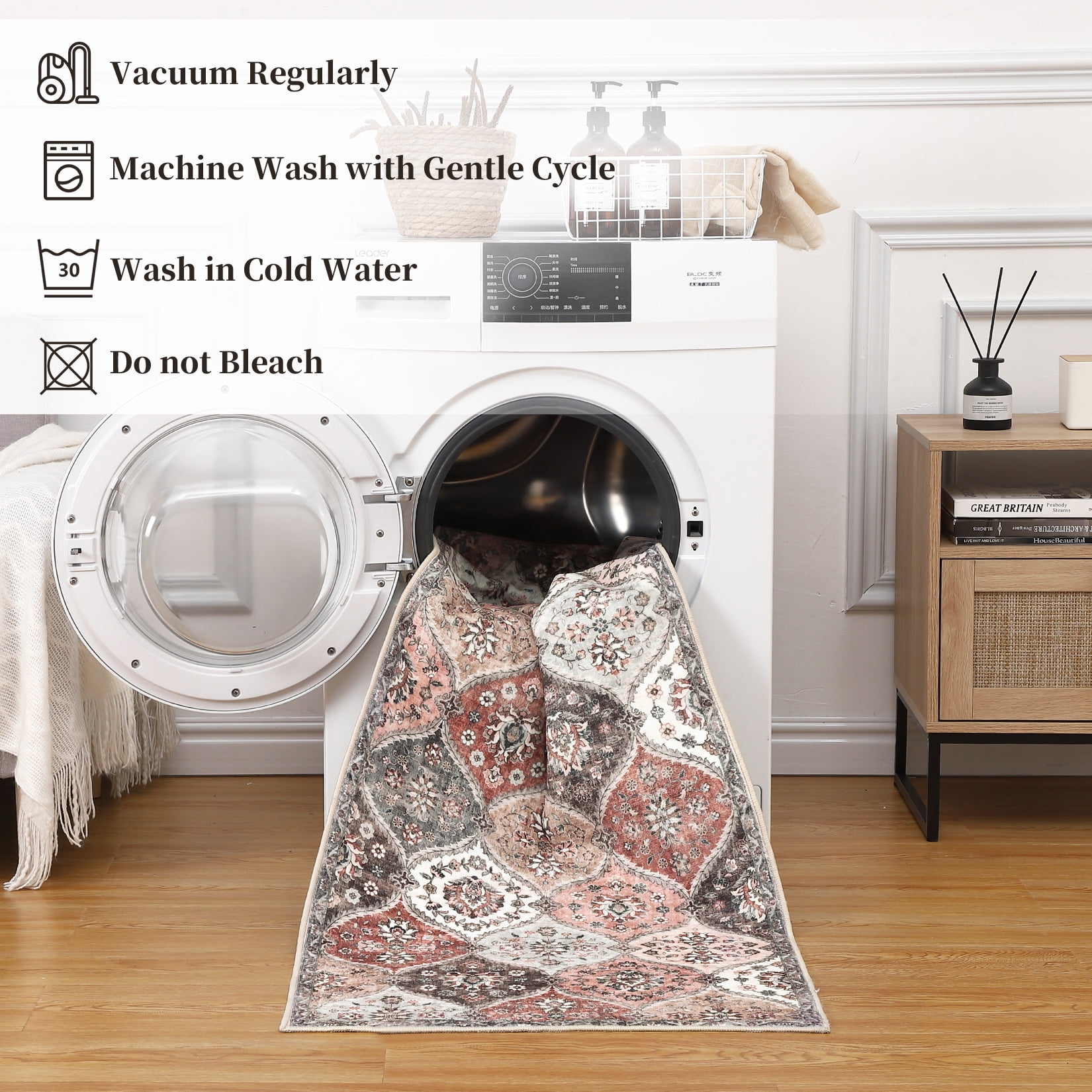 Hasoo Large Area Rug 9' x 12' Rug for Living Room Bedroom Floral Non-Slip Washable Accent Indoor Carpet, Gray/Pink