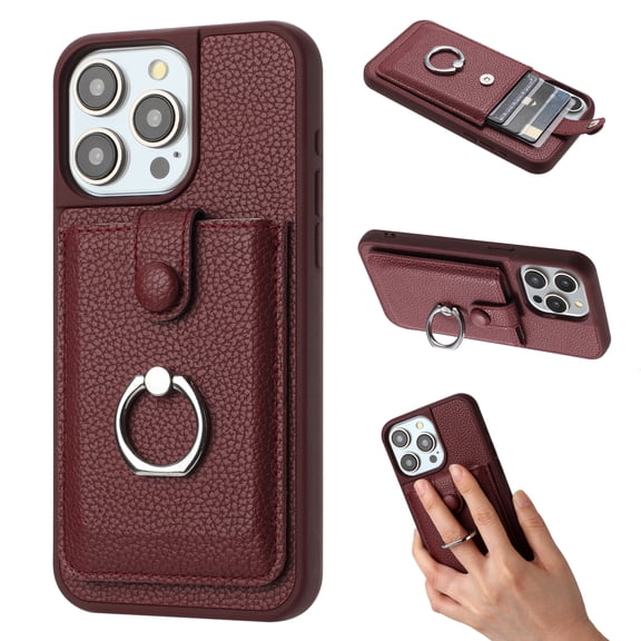 Allytechgroup Case for iPhone 12 Pro Max, 360 Rotating Ring Kickstand Wallet Phone Case with Card Slots [Magnetic Button Closure] Slim PU Leather Soft TPU Shockproof Bumper Stand Back Cover, Winered