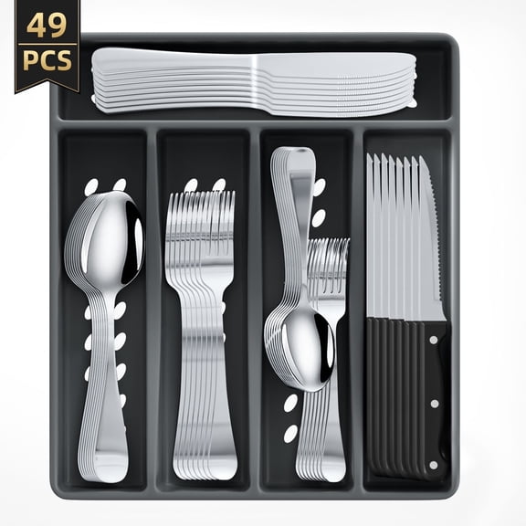 TINANA 48 PCS Silverware Sets with Organizer, Silver Flatware Set Set for 8, Premium Stainless Steel Cutlery Utensil Set with Steak Knives Forks and Spoons, Dishwasher Safe