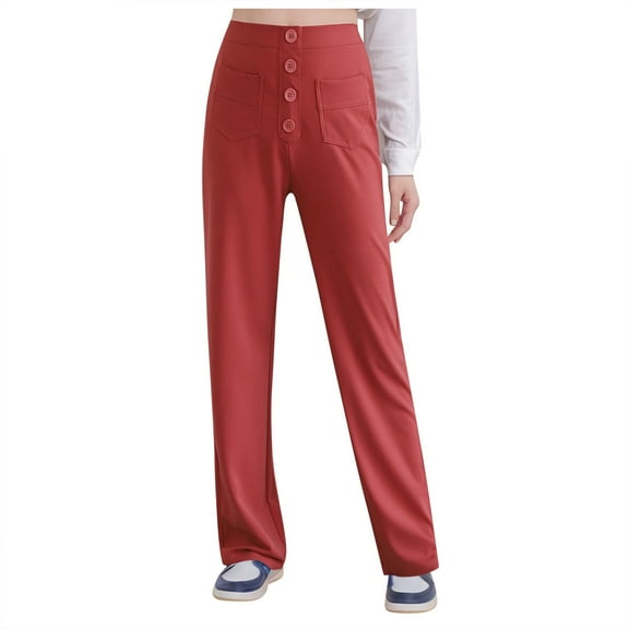 Fiaer,Womens Pants Straight Leg,Joggers for Women Plus Size Buttons,Women's High Waisted Casual Trendy Trousers with Pocket Watermelon Red XL