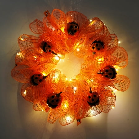 Seewan Halloween Lighted Wreath for Front Door, Halloween Outdoor LED Glowing Decorative Wreath, Front Door Mesh Wreath for Indoor Outdoor Halloween Home Party Decorations