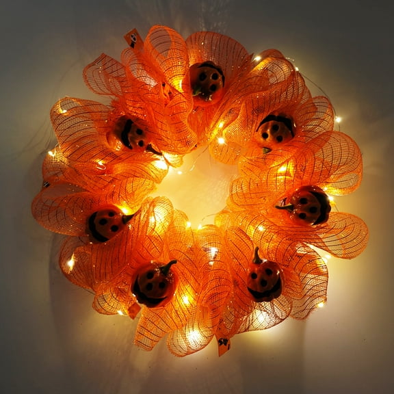 Seewan Halloween Lighted Wreath for Front Door, Halloween Outdoor LED Glowing Decorative Wreath, Front Door Mesh Wreath for Indoor Outdoor Halloween Home Party Decorations