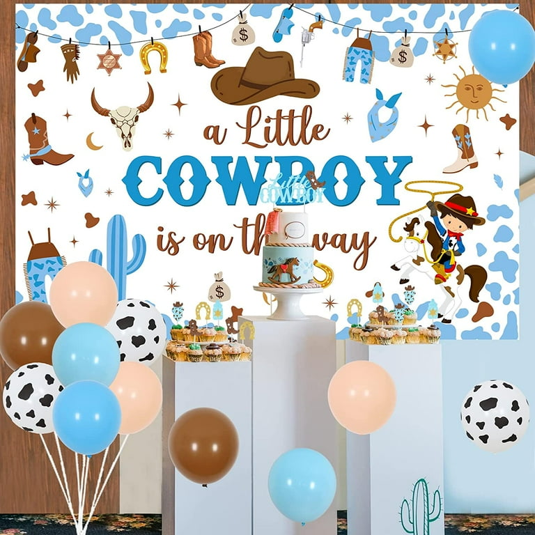 Little Cowboy Baby Shower Decorations, Little Cowboy Is On The Way Backdrop Little Cowboy Banner Cake Topper Balloons Blue Brown for Boys Western Rodeo Wild West Baby Shower Party Supplies