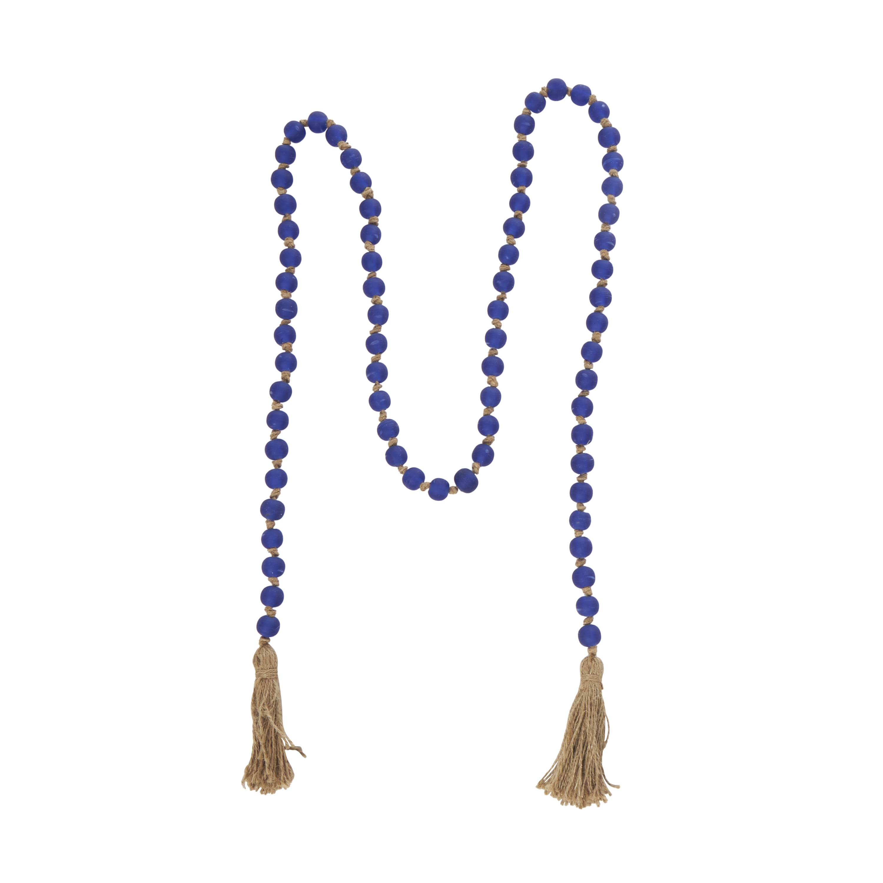 DecMode Handmade Round Long Frosted Beaded Blue Glass Garland with Tassel with Knotted Brown Jute