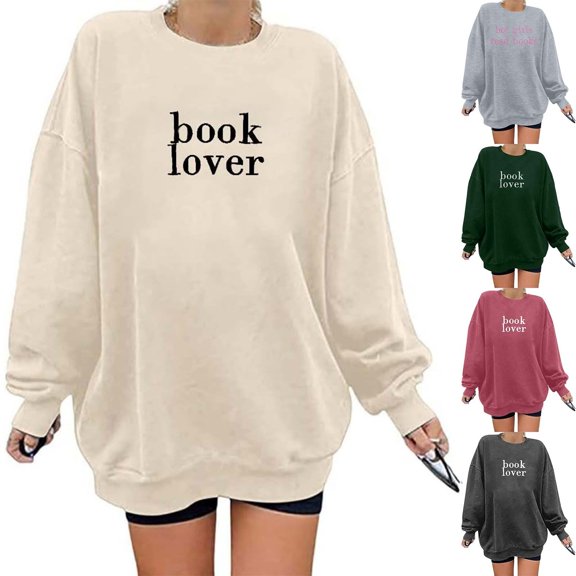 MAIHAN Valentines Sweatshirt for Women "Book Lover" Print Valentine Long Sleeve Casual Blouses Y2k Trendy Soft Clothes Crew Neck Pullover(Beige,L)