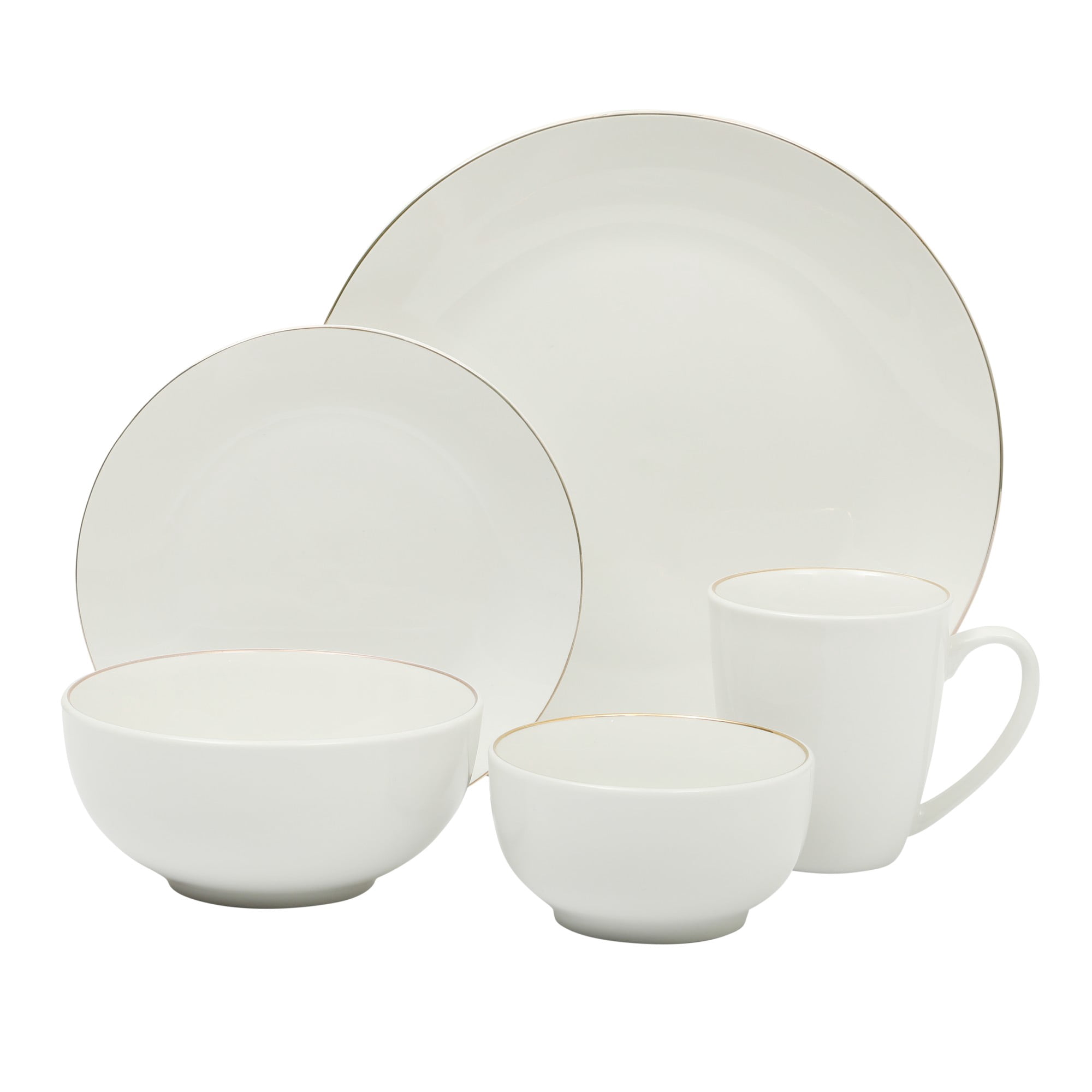 Gibson Home Ogalla 30 Piece Plates, Bowls, & Mugs Dinnerware Set - Service for 6 - White Porcelain W/ Gold Band